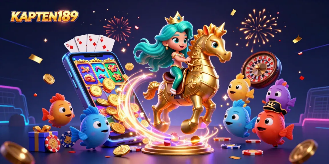 KAPTEN189 mempromosikan putri duyung yang bermain slot dengan koin emas dan kartu poker dalam suasana pesta yang meriah.