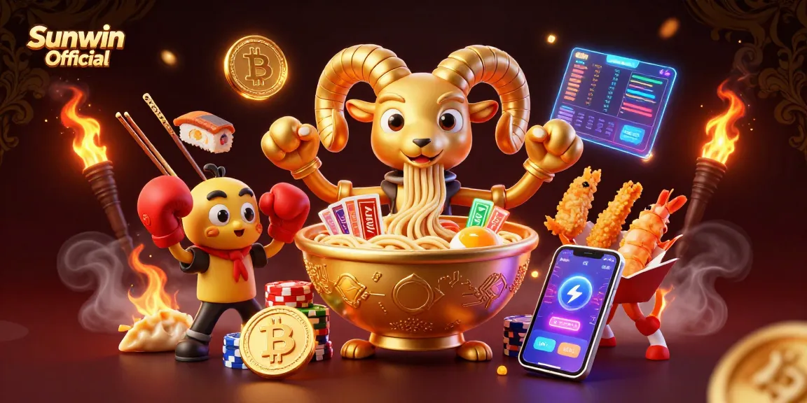 Sunwin Official showcases a vibrant 3D casino scene featuring unique characters and crypto elements.