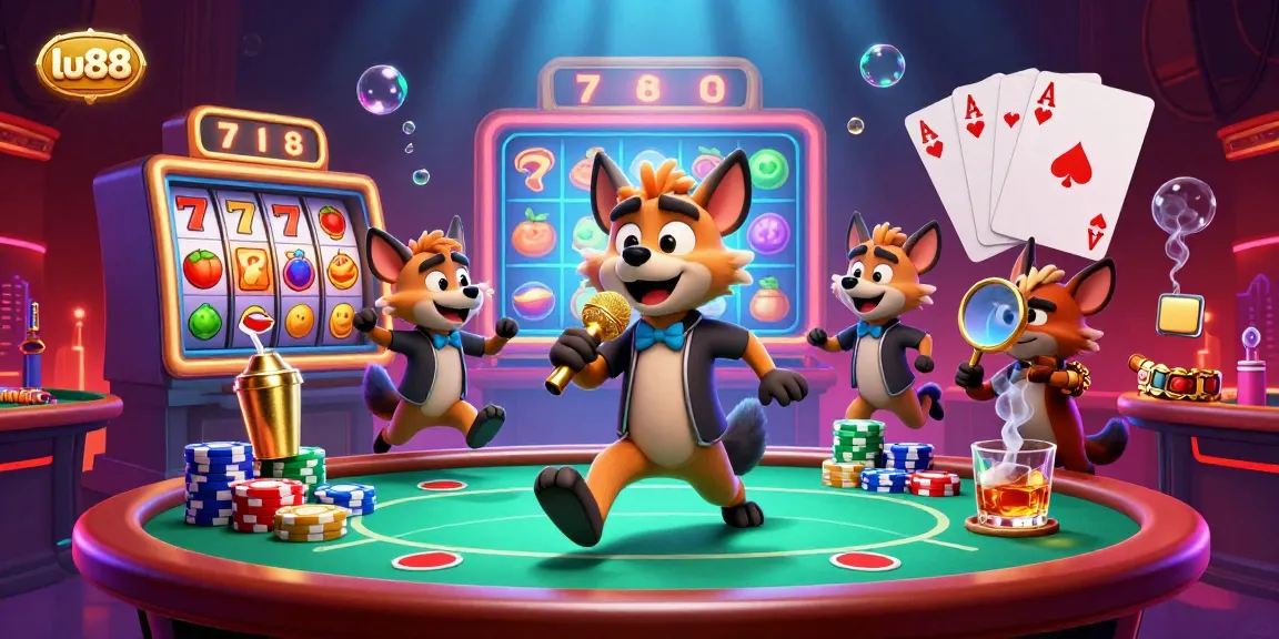 Experience the fun and excitement of lu88 with hyenas in a casino club, featuring vibrant slot symbols and more.
