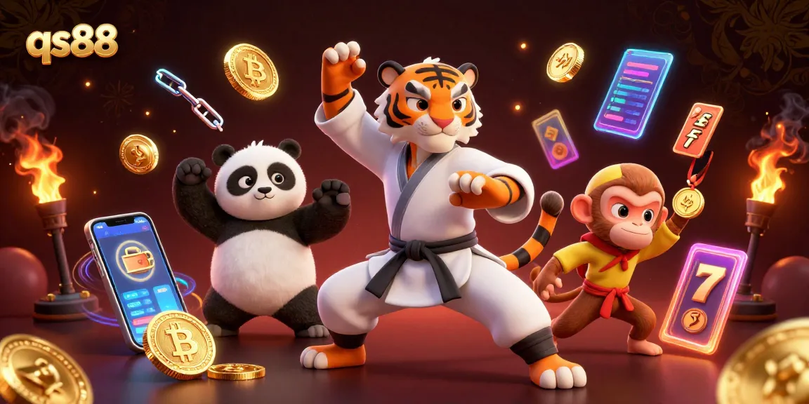 Experience qs88 with a kung fu tiger, panda disciple, and monkey student in a vibrant casino scene.