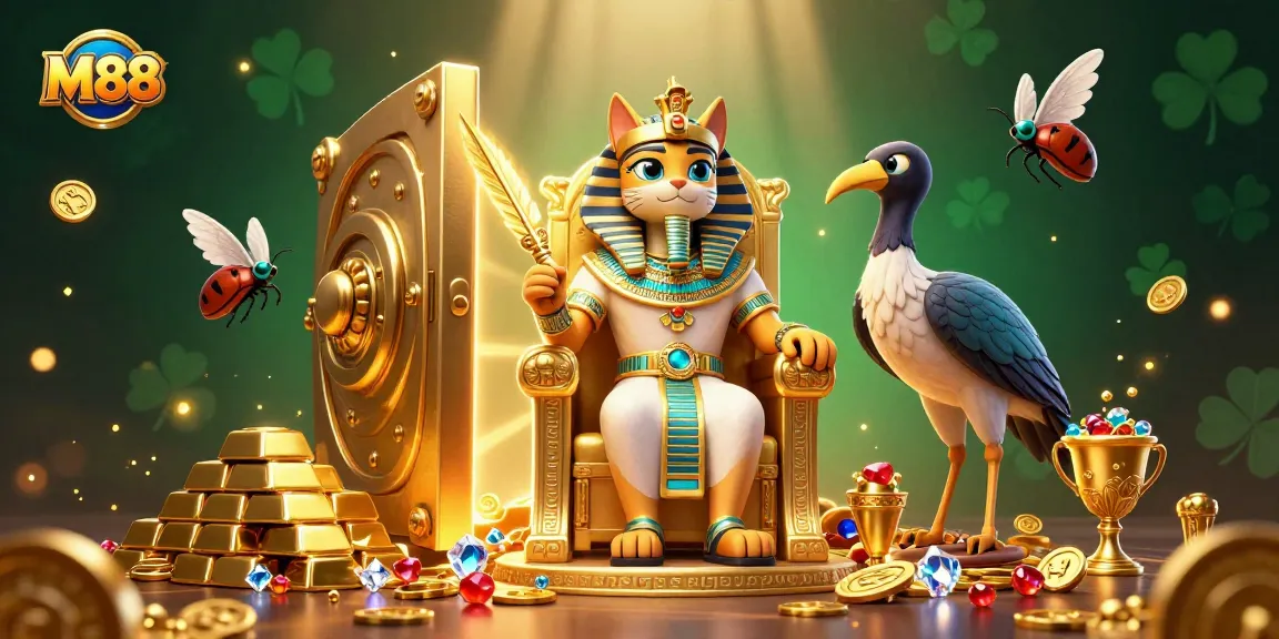 M88 captivates players in a vibrant casino scene with golden treasures and lively characters.