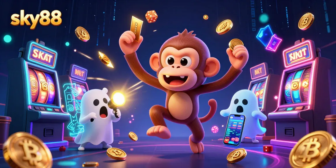Join the fun with sky88 in this vibrant haunted casino illustration filled with games and excitement.