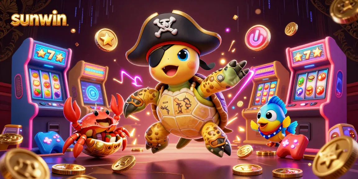 Experience thrilling slots with sunwin in this vibrant 3D gambling adventure illustration.