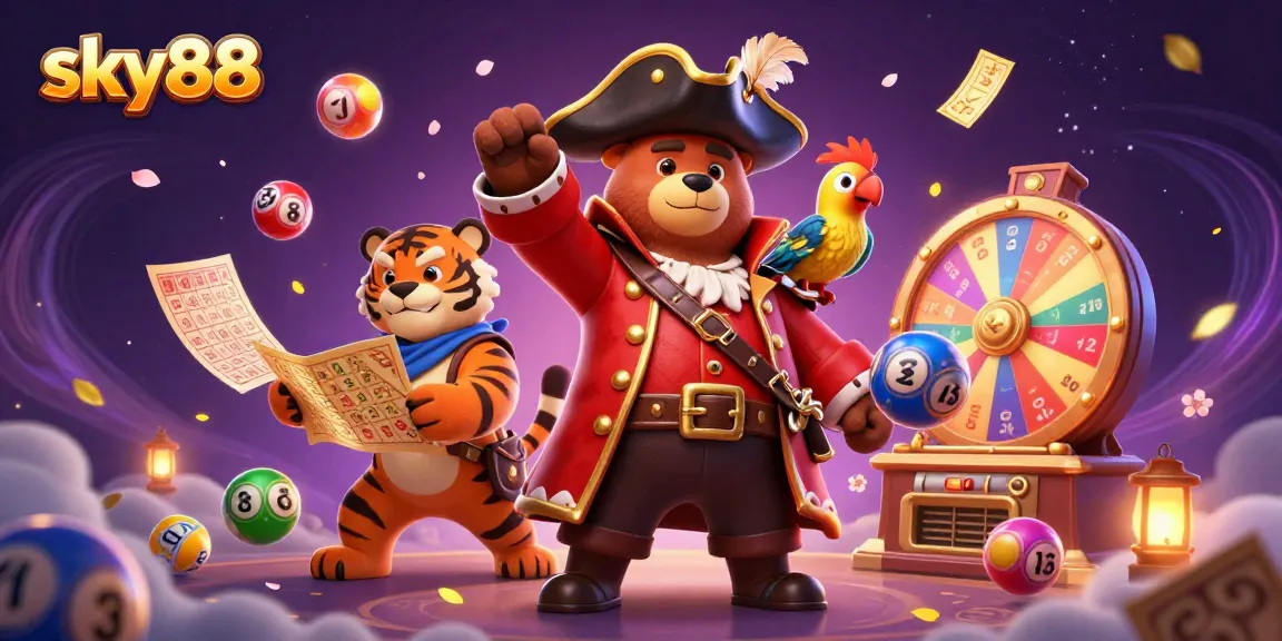Sky88 showcases a vibrant scene with a pirate bear and friends celebrating wins in a colorful lottery atmosphere.