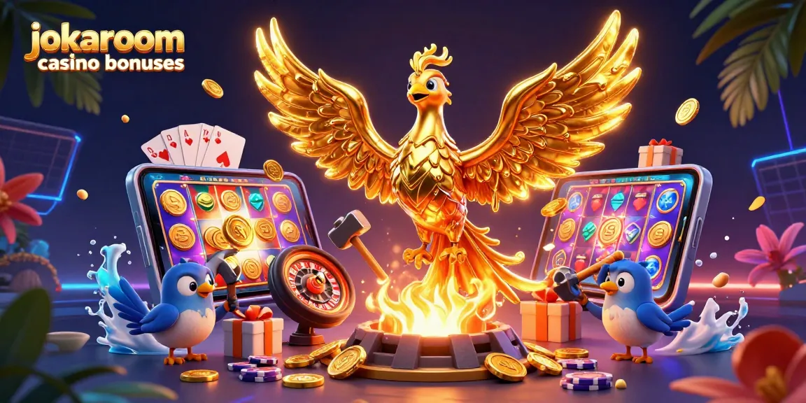 Experience thrilling jokaroom casino bonuses as a molten phoenix emerges with golden coins and gaming elements.
