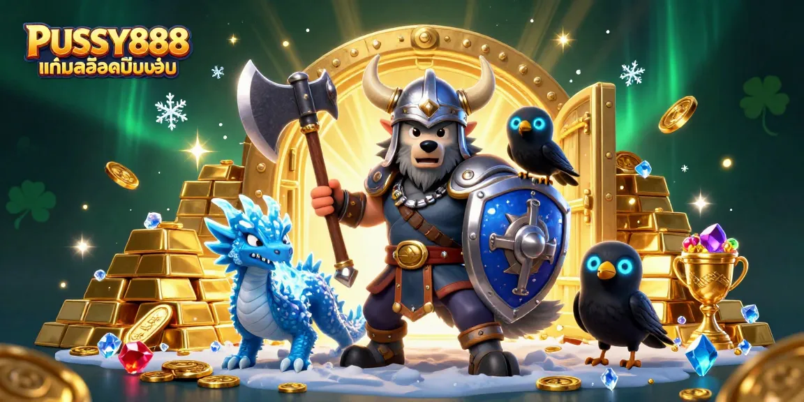 PUSSY888 เกมสล็อตมือถือ showcases a Viking wolf warrior, fierce dragon, and cartoon raven amidst vibrant winter treasures.