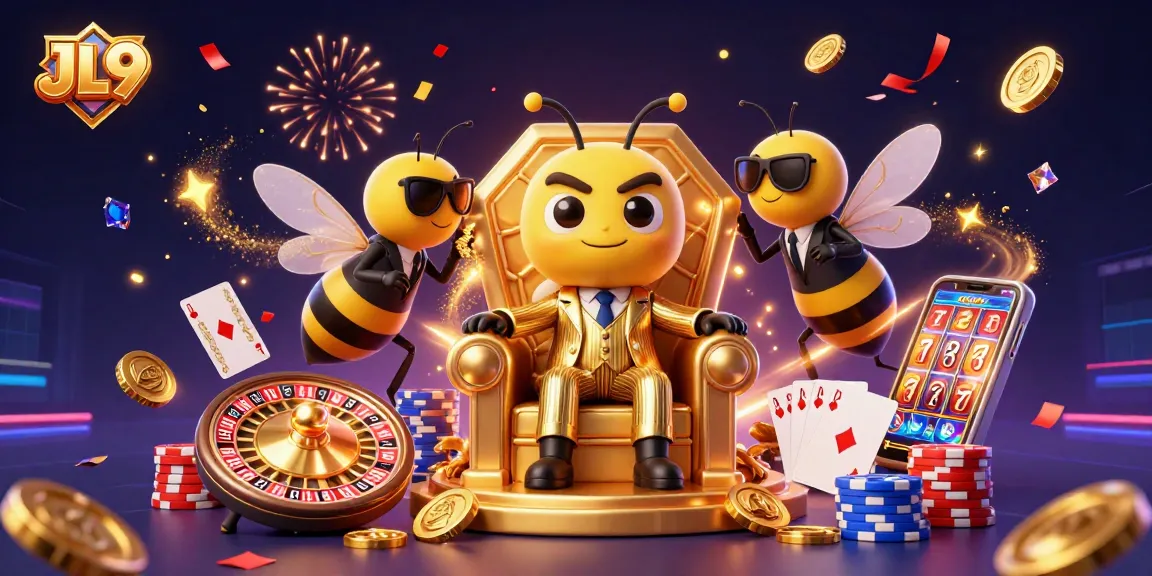 JL9 gambling action with a cartoon bumblebee mob boss, wasp guards, and glowing casino elements.