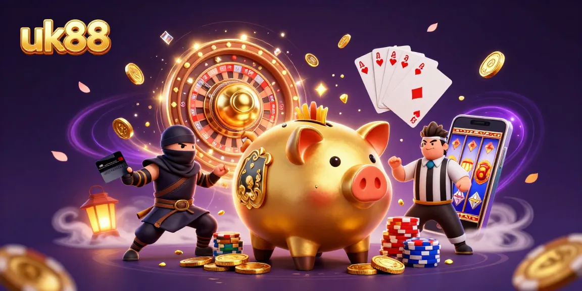 Engage with thrilling uk88 gameplay, featuring a golden piggy bank sumo wrestler amidst vibrant casino elements.